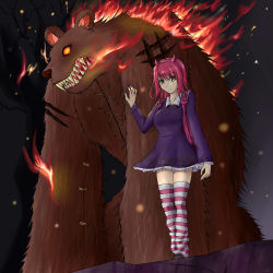 Rule 34 | 1girl, absurdres, animal ears, annie (league of legends), backpack, bag, bear, blush, breasts, fingernails, fire, glowing, glowing eyes, green eyes, headband, highres, ijwm, league of legends, nail polish, pink hair, pink thighhighs, sharp teeth, short hair, stitches, striped clothes, striped thighhighs, teeth, thighhighs, tibbers, white thighhighs