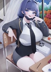 Rule 34 | 1girl, black jacket, black mask, black necktie, black panties, black skirt, blue eyes, blue hair, blush, book, breasts, chair, collared shirt, day, desk, eraser, hair ornament, hairclip, huge breasts, jacket, large breasts, leaf, long hair, long sleeves, looking at viewer, mask, mask pull, mouth mask, necktie, open mouth, original, panties, pantyshot, rabbit (wlsdnjs950), school chair, school desk, shirt, short hair, sitting, skirt, solo, thick thighs, thighs, tree, underwear, v, white shirt, window
