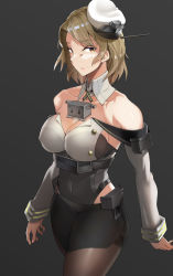 Rule 34 | 1girl, 1other, ayakumo, black legwear, black skirt, breasts, brown eyes, cleavage, corset, cowboy shot, detached sleeves, grey background, highres, houston (kancolle), kantai collection, large breasts, light brown hair, lips, looking at viewer, military, military uniform, pencil skirt, short hair, simple background, skirt, uniform