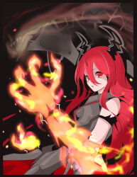 Rule 34 | 1girl, armlet, armor, bare shoulders, breastplate, dragon, dress, duel monster, eye trail, flaming arm, hand up, highres, horns, light trail, long hair, mochi curry, promethean princess bestower of flames, red eyes, red hair, solo, yu-gi-oh!