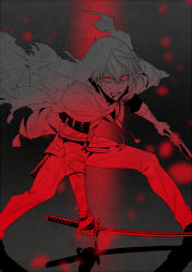 Rule 34 | 1boy, armor, blood, blood from mouth, blurry, cloak, cuts, dual wielding, feet out of frame, fighting stance, grey background, hair between eyes, holding, hood, hood up, hooded cloak, injury, japanese armor, katana, male focus, monochrome, open mouth, pants, red eyes, red theme, serota, shadow, short hair, shoulder armor, sleeves rolled up, solo, spread legs, squatting, sweat, sword, torn cloak, torn clothes, torn sleeves, touken ranbu, weapon, yamanbagiri kunihiro