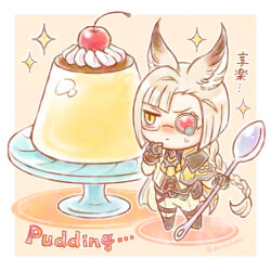 Rule 34 | 1boy, animal ears, ascot, belt pouch, blonde hair, blunt ends, blush, boots, border, braid, brown footwear, brown vest, cape, cherry, chibi, diagonal bangs, erune, fingerless gloves, food, fruit, full body, glasses, gloves, granblue fantasy, hand on own chin, heterochromatic eyewear, holding, holding spoon, honewo, jacket, long hair, looking at food, lu woh (granblue fantasy), male focus, outside border, oversized object, pants, pouch, pudding, single braid, solo, sparkle, spoon, sweatdrop, vest, whipped cream, white border, white jacket, white pants, yellow ascot, yellow background, yellow cape, yellow eyes