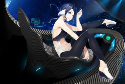 Rule 34 | 1girl, album cover, backless outfit, bare shoulders, between legs, blue eyes, blue hair, blue nails, cockpit, cover, fingernails, from side, glowing, halterneck, hand between legs, hand up, headgear, high heels, holographic interface, holographic monitor, knee up, leg up, legs, lips, looking at viewer, matching hair/eyes, midriff, nail polish, navel, original, outstretched leg, pants, pilot chair, planet, plantar flexion, poaro, short hair, short hair with long locks, sitting, skin tight, smile, solo, space, star (sky), texture, wedge heels
