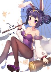 Rule 34 | 1girl, absurdres, ahoge, animal ears, azur lane, bada (jksh5056), bare shoulders, blue ribbon, blue umbrella, breasts, brown hairband, brown pantyhose, cleavage, collarbone, commentary request, double bun, fake animal ears, fur-trimmed jacket, fur trim, hair bun, hair ribbon, hairband, high heels, highres, holding, holding umbrella, jacket, leotard, long sleeves, mallet, medium breasts, ning hai (azur lane), ning hai (moon palace rabbit) (azur lane), off shoulder, oil-paper umbrella, panda, panties, pantyhose, parted lips, pelvic curtain, pinky out, playboy bunny, puffy long sleeves, puffy sleeves, purple eyes, purple footwear, purple hair, purple leotard, rabbit ears, ribbon, round teeth, shoes, side bun, solo, strapless, strapless leotard, teeth, umbrella, underwear, upper teeth only, v-shaped eyebrows, white background, white jacket