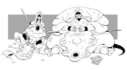 Rule 34 | 2boys, absurdres, barefoot, boots, chips (food), controller, elden ring, facing viewer, fat, fat man, fingernails, food, godskin apostle, greyscale, grin, highres, holding, hood, hood up, joystick, kektus, long sleeves, male focus, monochrome, multiple boys, obese, playing games, polearm, robe, shaded face, smile, spear, video game, weapon