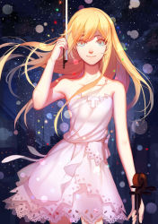 Rule 34 | 1girl, arm up, bare shoulders, blonde hair, blue eyes, bow (music), city, closed mouth, collarbone, commentary, dress, english commentary, floating hair, hair between eyes, highres, holding, holding instrument, holding violin, instrument, long hair, looking at viewer, miyazono kawori, night, outdoors, pink dress, shigatsu wa kimi no uso, sky, sleeveless, smile, solo, standing, star (sky), starry sky, upper body, violin, whither laws