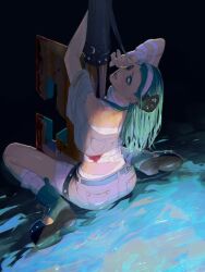 Rule 34 | 1girl, a.b.a, ass, bags under eyes, bandaged chest, bandages, blood, bloody bandages, chain, green hair, guilty gear, guilty gear strive, highres, key, key in head, long hair, looking at viewer, object through head, paracelsus (guilty gear), solo, water, yszlr