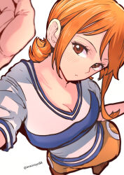 Rule 34 | 1girl, aosora2823, blue shirt, blurry, blurry foreground, blush, breasts, brown eyes, cleavage, closed mouth, commentary, contrapposto, english commentary, expressionless, from above, highres, looking at viewer, medium breasts, miniskirt, nami (one piece), nami (one piece) (pre-timeskip), one piece, orange hair, orange skirt, shirt, short hair, simple background, skirt, solo, standing, striped clothes, striped shirt, twitter username, two-tone shirt, white background, white shirt