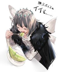 Rule 34 | 1boy, black cape, blush, cape, closed eyes, diamond hairband, dragonfly wings, dress shirt, eating, eiki (eikityou 55), eyelashes, fate/grand order, fate (series), food, fork, frilled shirt collar, frills, fruit, grey hair, highres, holding, holding fork, imminent bite, long sleeves, lower teeth only, male focus, melon, oberon (fate), oberon (third ascension) (fate), open mouth, plate, shirt, short hair, simple background, sitting, solo, teeth, translation request, white background, white shirt