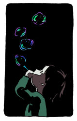 Rule 34 | 1girl, aqua sweater, backlighting, black background, bleeding, blood, border, bubble, blowing bubbles, bubble pipe, child, dark, expressionless, from side, hand up, hirasawa minami, holding, long sleeves, looking away, looking up, original, profile, rounded corners, short hair, simple background, soap bubbles, solo, sweater, upper body, white border