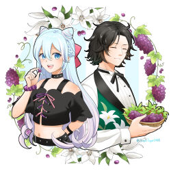 Rule 34 | 2boys, absurdres, artist name, basket, belt, black choker, black hair, blue eyes, blue hair, braid, choker, closed eyes, commentary request, curtained hair, dot nose, double-parted bangs, fire emblem, fire emblem engage, flower, food, fruit, gradient hair, grapes, hair between eyes, highres, holding, holding basket, holding food, long hair, louis (fire emblem), midori no baku, multicolored hair, multiple boys, navel, nintendo, open mouth, pink hair, rosado (fire emblem), short hair, smile, teeth, trap, upper teeth only, very long hair, white background, wristband