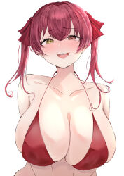Rule 34 | 11boachan, 1girl, absurdres, bikini, blush, breasts, brown eyes, cleavage, collarbone, hair ribbon, halterneck, heterochromia, highres, hololive, houshou marine, houshou marine (summer), huge breasts, looking at viewer, nose blush, official alternate costume, red bikini, red hair, ribbon, sideboob, simple background, smile, solo, sweatdrop, swimsuit, teeth, twintails, upper body, upper teeth only, virtual youtuber, white background, yellow eyes