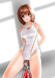 Rule 34 | 1girl, arena (company), arms behind back, bicycle seat, brown eyes, brown hair, competition swimsuit, highres, mashinatsu, one-piece swimsuit, original, reiji-sss, short hair, sitting, solo, swimsuit