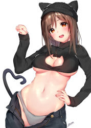 Rule 34 | 1girl, :d, animal ears, animal hat, beanie, blue pants, blush, breasts, brown eyes, brown hair, cat cutout, cat ears, cat hat, cat tail, cleavage, clothing cutout, contrapposto, cowboy shot, crop top, cropped sweater, denim, grey panties, hair between eyes, hand on own hip, hand up, hat, heart, heart in eye, jeans, large breasts, long hair, long sleeves, looking at viewer, mataro (matarou), navel, no bra, open fly, open mouth, original, panties, pants, paw pose, signature, simple background, smile, solo, standing, symbol in eye, tail, underboob, underwear, unzipped, white background