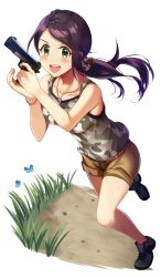 Rule 34 | 1girl, bare shoulders, belt, black footwear, black hair, blush, bracelet, breasts, brown scrunchie, brown shorts, bug, butterfly, camouflage, camouflage shirt, collarbone, commentary, dot nose, from above, grass, green eyes, green shirt, gun, hair ornament, hair scrunchie, handgun, hands up, holding, holding gun, holding weapon, idolmaster, idolmaster cinderella girls, idolmaster cinderella girls starlight stage, insect, jewelry, large breasts, leg up, long hair, looking at viewer, m1911, necklace, open mouth, ponytail, red belt, scrunchie, shirt, shoes, shorts, sleeveless, sleeveless shirt, smile, sneakers, solo, standing, standing on one leg, teeth, upper teeth only, v-shaped eyebrows, weapon, yamato aki, z.nov