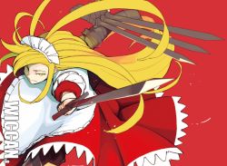 Rule 34 | 1girl, apron, blonde hair, commentary request, daitai konna kanji, holding, holding sword, holding weapon, long hair, looking at viewer, maid, maid headdress, puffy short sleeves, puffy sleeves, red background, sample watermark, short sleeves, solo, sword, touhou, touhou (pc-98), very long hair, watermark, weapon, white apron, white headwear, yellow eyes, yumeko (touhou)
