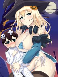 Rule 34 | 10s, 1girl, alternate legwear, atago (kancolle), bikini, blonde hair, blush, breasts, child, cleavage, curvy, covered erect nipples, halloween, hat, highres, huge breasts, kantai collection, licking lips, little boy admiral (kancolle), long hair, micro bikini, naughty face, plump, scar, stitches, sumemako, swimsuit, thighhighs, tongue, tongue out, witch hat