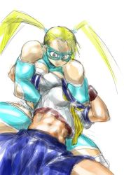 Rule 34 | 1990s (style), 2girls, abs, blonde hair, blue eyes, blue sailor collar, breasts, cleavage, cleavage cutout, clothing cutout, hey (bluebell), kasugano sakura, large breasts, leotard, mask, midriff, multiple girls, muscular, muscular female, navel, neck hold, rainbow mika, ryona, sailor collar, school uniform, serafuku, simple background, skirt, street fighter, street fighter zero (series), twintails, wrestling, wrestling mask, wrestling outfit