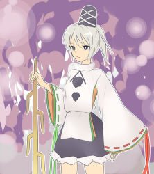 Rule 34 | 1girl, female focus, grey eyes, grey hair, hat, japanese clothes, miyo (ranthath), mononobe no futo, pom pom (clothes), ponytail, seven-branched sword, skirt, solo, sword, tate eboshi, touhou, weapon, wide sleeves