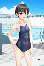Rule 34 | 1girl, absurdres, black hair, blue one-piece swimsuit, blue sky, brown eyes, cloud, commentary request, competition school swimsuit, covered navel, day, feet out of frame, hand on own hip, highres, lane line, one-piece swimsuit, original, outdoors, pool, pool ladder, school swimsuit, short hair, sky, solo, standing, starting block, string of flags, swimsuit, takafumi, tomboy, variant set