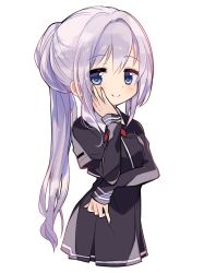 Rule 34 | 1girl, black dress, black jacket, blue eyes, blush, closed mouth, collared dress, cropped jacket, cropped legs, cross tie, daito academy school uniform, dot nose, dress, elbow rest, grey hair, hair between eyes, hair bun, hair intakes, hand on own cheek, hand on own face, hand up, highres, igashira ganka, jacket, layered sleeves, long hair, long sleeves, looking at viewer, magia record: mahou shoujo madoka magica gaiden, mahou shoujo madoka magica, necktie, ponytail, red necktie, school uniform, short dress, short over long sleeves, short sleeves, sidelocks, simple background, smile, solo, split mouth, very long hair, white background, yakumo mitama