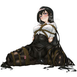 Rule 34 | 1girl, absurdres, arms behind back, bananaoishi, bdsm, between breasts, black hair, black pantyhose, black skirt, blue eyes, bondage, bound, bound arms, bound legs, breasts, clenched teeth, collared shirt, doll joints, dress shirt, full body, heavy breathing, highres, joints, long hair, looking at viewer, manic rebellion, medium breasts, original, pantyhose, remote control vibrator, restrained, rope, sex toy, shibari, shibari over clothes, shirt, short sleeves, simple background, sitting, skirt, solo, spread legs, teeth, underbust, variant set, very long hair, vibrator, vibrator cord, vibrator under clothes, white background, white shirt
