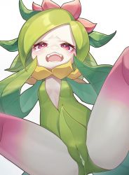 Rule 34 | 1girl, absurdres, blush, breasts, commentary request, creatures (company), cum, cum in pussy, fangs, flower, from below, game freak, grey background, highres, hisuian lilligant, monster girl, nintendo, okitanation, pink eyes, plant girl, pokemon, pokemon (creature), pussy, simple background, small breasts, solo, tearing up, teeth, uncensored