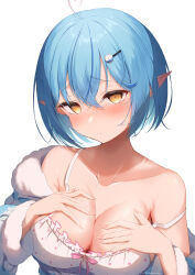 Rule 34 | 1girl, absurdres, ahoge, bare shoulders, blue hair, blue jacket, blush, breasts, camisole, cleavage, closed mouth, collarbone, colored tips, crossed bangs, elf, frilled camisole, frills, fur-trimmed jacket, fur trim, hair between eyes, hair ornament, heart, heart ahoge, highres, hololive, jacket, large breasts, looking at viewer, minazumi souka, multicolored hair, partially unzipped, pointy ears, polka dot camisole, short hair, sleepwear, solo, streaked hair, striped clothes, striped jacket, virtual youtuber, white background, white camisole, yellow eyes, yukihana lamy, yukihana lamy (4th costume)