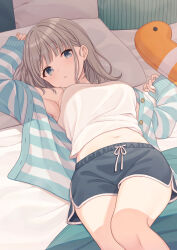 Rule 34 | 1girl, arm up, armpits, bare shoulders, black shorts, blue eyes, camisole, dolphin shorts, drawstring, grey hair, highres, jacket, long hair, long sleeves, looking at viewer, lying, midriff, navel, off shoulder, on back, open clothes, open jacket, original, shiromikan, shirt, short shorts, shorts, sleeveless, sleeveless shirt, solo, spaghetti strap, stomach, striped clothes, striped jacket, thighs, white shirt