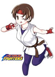 Rule 34 | 1girl, ass, breasts, brown eyes, brown hair, copyright name, dougi, eron, fingerless gloves, gloves, headband, highres, looking at viewer, one eye closed, shoes, short hair, simple background, smile, sneakers, socks, solo, spandex, the king of fighters, white background, yuri sakazaki