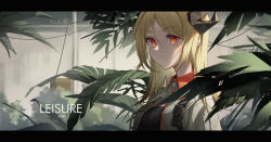 Rule 34 | 1girl, arknights, black shirt, blonde hair, collar, commentary, demon horns, hair between eyes, highres, horns, ifrit (arknights), indoors, jacket, letterboxed, long hair, looking at viewer, open clothes, open jacket, orange collar, orange eyes, plant, shirt, sing shuixing, solo, upper body, v-shaped eyebrows, white jacket