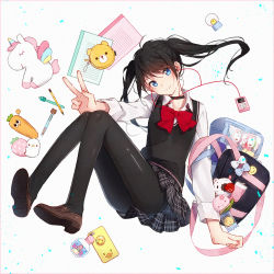 Rule 34 | 1girl, ahoge, ass, bag, black choker, black hair, black pantyhose, black skirt, black vest, blue eyes, bow, bowtie, brown footwear, cellphone, choker, closed mouth, collarbone, collared shirt, digital media player, earphones, floating hair, hakusai (tiahszld), head tilt, ipod, knees up, loafers, long hair, long sleeves, looking at viewer, miniskirt, notebook, original, outstretched arm, pantyhose, pen, pencil, phone, plaid, plaid skirt, red bow, red bowtie, school bag, school uniform, shirt, shoe soles, shoes, sidelocks, skirt, smartphone, smile, solo, stuffed carrot, stuffed unicorn, sweater vest, twintails, v, vest, wallet, white background, white shirt