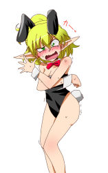 Rule 34 | 1girl, animal ears, bare legs, blonde hair, blush, bow, bowtie, rabbit ears, rabbit tail, playboy bunny, detached collar, female focus, futoshi (fishhouse), green eyes, long pointy ears, mizuhashi parsee, open mouth, pointy ears, ponytail, short hair, solo, sweat, tail, touhou, trembling, wrist cuffs