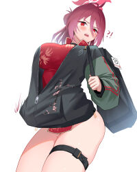 Rule 34 | !?, 1girl, absurdres, antenna hair, aoi riko, blue archive, blush, breasts, china dress, chinese clothes, dress, hair bun, highres, jacket, large breasts, letterman jacket, long sleeves, looking at viewer, looking down, mole, mole under eye, partially unzipped, pelvic curtain, red dress, red eyes, red hair, reijo (blue archive), simple background, single side bun, solo, thigh strap, white background