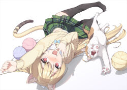 Rule 34 | 1girl, animal ears, black thighhighs, blonde hair, blush, calico, cardigan, cat, cat ears, cat girl, cat tail, commentary request, full body, green skirt, long hair, looking at viewer, lying, on side, open mouth, original, red eyes, skirt, smile, solo, stretching, tail, thighhighs, tsubure manjuu, yarn, yarn ball, zettai ryouiki