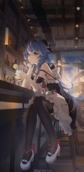 Rule 34 | 1girl, absurdres, ahoge, alternate costume, bar (place), bare shoulders, black legwear, blue hair, bow, chair, commentary request, detached sleeves, drink, ganyu (genshin impact), genshin impact, glass, high heels, highres, horns, indoors, long hair, looking to the side, maid, parted lips, purple eyes, sidelocks, sitting, solo, swkl:d, very long hair