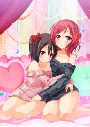 Rule 34 | 10s, 2girls, bare legs, bare shoulders, beads, black hair, bottomless, bow, female focus, frilled pillow, frills, hair bow, hand on another&#039;s thigh, heart, heart-shaped pillow, hug, looking at viewer, love live!, love live! school idol project, multiple girls, nishikino maki, off shoulder, open \m/, pillow, purple eyes, red bow, red eyes, red hair, ribbed sweater, short hair, sitting, smile, sparkle, sweater, syuurin, twintails, yazawa nico, yokozuwari, yuri