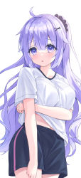Rule 34 | 1girl, :o, ahoge, azur lane, black shorts, blush, breasts, commentary request, gym shirt, gym shorts, gym uniform, hair between eyes, hair ornament, hairclip, highres, long hair, looking at viewer, medium breasts, navel, parted lips, ponytail, purple eyes, purple hair, satsuki yukimi, shirt, short shorts, short sleeves, shorts, simple background, solo, unicorn (azur lane), very long hair, white background, white shirt, x hair ornament