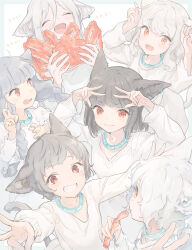 Rule 34 | 6+girls, animal ear fluff, animal ears, bent v, braid, brown eyes, cat ears, cat girl, cat tail, colored eyelashes, commentary request, crab, fangs, grey hair, grin, hair over one eye, hands up, highres, kinutani yutaka, long hair, long sleeves, looking at another, looking at viewer, medium hair, multiple girls, orange eyes, original, outstretched arms, red eyes, shirt, short hair, simple background, smile, sweater, tail, twin braids, v, white background, white hair, white shirt, white sweater