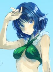 Rule 34 | 1girl, asawa (dm owr), bad id, bad pixiv id, bare shoulders, blue background, blue eyes, blue hair, breasts, covering face, expressionless, fins, head fins, matching hair/eyes, midriff, short hair, sketch, small breasts, solo, swimsuit, touhou, upper body, wakasagihime