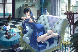 Rule 34 | 1girl, absurdres, arm support, back cutout, bare shoulders, barefoot, black hair, blue dress, blue eyes, blue ribbon, breasts, cat, checkered floor, clothing cutout, couch, cup, dress, feet, frilled dress, frills, hair ribbon, high heels, highres, indoors, large breasts, long dress, long hair, looking at viewer, on couch, original, parted lips, ribbon, shoe dangle, shoes, shoulder cutout, sidelocks, single shoe, soles, teacup, tooku0