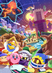 Rule 34 | absurdres, armor, bandana, bandana waddle dee, blue bandana, cape, colored skin, gloves, highres, king dedede, kirby, kirby&#039;s return to dream land, kirby (series), magolor, mask, meta knight, nintendo, no humans, palm tree, pauldrons, pink skin, pom pom (clothes), rayman limbs, shoulder armor, solid oval eyes, star (symbol), tower, tree, watawata22, yellow eyes, yellow gloves
