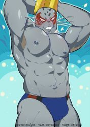 Rule 34 | 1boy, abs, armpits, arms behind head, bara, bare pectorals, blue male swimwear, boku no hero academia, bulge, fins, fish boy, furry, furry male, highres, large pectorals, looking at viewer, male focus, male swimwear, muscular, muscular male, navel, nipples, pectorals, selkie (boku no hero academia), short hair, smile, solo, stomach, swim briefs, thick thighs, thighs, whiskers, yuufreak