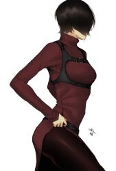 Rule 34 | 1girl, absurdres, ada wong, belt, belt buckle, black hair, black pants, breasts, buckle, commentary, cowboy shot, english commentary, ericson blum, from side, harness, highres, holster, long sleeves, medium breasts, pants, red sweater, resident evil, resident evil 4, resident evil 4 (remake), ribbed sweater, short hair, shoulder holster, signature, sketch, solo, sweater, turtleneck, turtleneck sweater, white background