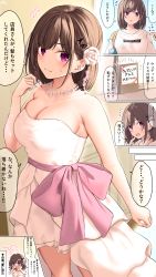 Rule 34 | 1girl, bad id, bad pixiv id, bare shoulders, blouse, blush, breasts, childhood friend-chan (ramchi), cleavage, dress, highres, japanese text, jewelry, necklace, nervous smile, original, purple eyes, ramchi, shirt, smile, solo, wedding dress, white shirt