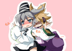 Rule 34 | 2girls, blush, breasts, brown hair, earmuffs, empty eyes, female focus, grabbing, grabbing another&#039;s breast, grey eyes, grey hair, hand under clothes, hand under shirt, headphones, heavy breathing, japanese clothes, long sleeves, mononobe no futo, multiple girls, outstretched arms, ponytail, shaded face, shirt, short hair, simple background, touhou, toyosatomimi no miko, yetworldview kaze, yuri