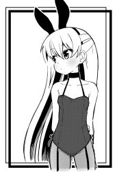 Rule 34 | 1girl, amatsukaze (kancolle), animal ears, arms behind back, ataru (ataru-littlebird), choker, collarbone, commentary request, cowboy shot, fake animal ears, flat chest, greyscale, hair tubes, highres, kantai collection, leotard, long hair, looking to the side, monochrome, pantyhose, playboy bunny, rabbit ears, smokestack hair ornament, solo, standing, strap, strapless, strapless leotard, two side up