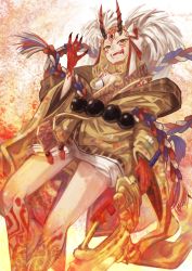 Rule 34 | 1girl, bare shoulders, blonde hair, claws, dyddus5067, fate/grand order, fate (series), female focus, fire, floral print, holding, holding sword, holding weapon, horns, ibaraki douji (fate), japanese clothes, kimono, long hair, looking at viewer, off shoulder, oni, oni horns, short kimono, solo, sword, weapon, wide sleeves, yellow eyes, yellow kimono