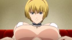 Rule 34 | 10s, 1girl, blonde hair, blue eyes, breasts, cross, cross necklace, covered erect nipples, large breasts, looking at viewer, looking down, mamiya marisa, naughty face, necklace, nipples, seductive smile, short hair, smile, starless, will (company)