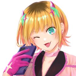 Rule 34 | 1girl, ;3, blonde hair, blue eyes, blush, cellphone, choker, collarbone, commentary, demon horns, earrings, fake horns, fang, gloves, hanamaru (wanamaru), highres, holding, holding phone, horns, jewelry, looking at viewer, mem-cho, multicolored hair, no pupils, one eye closed, open mouth, oshi no ko, phone, pink choker, pink gloves, roots (hair), short hair, sidelocks, signature, simple background, smartphone, smartphone case, smile, solo, upper body, white background
